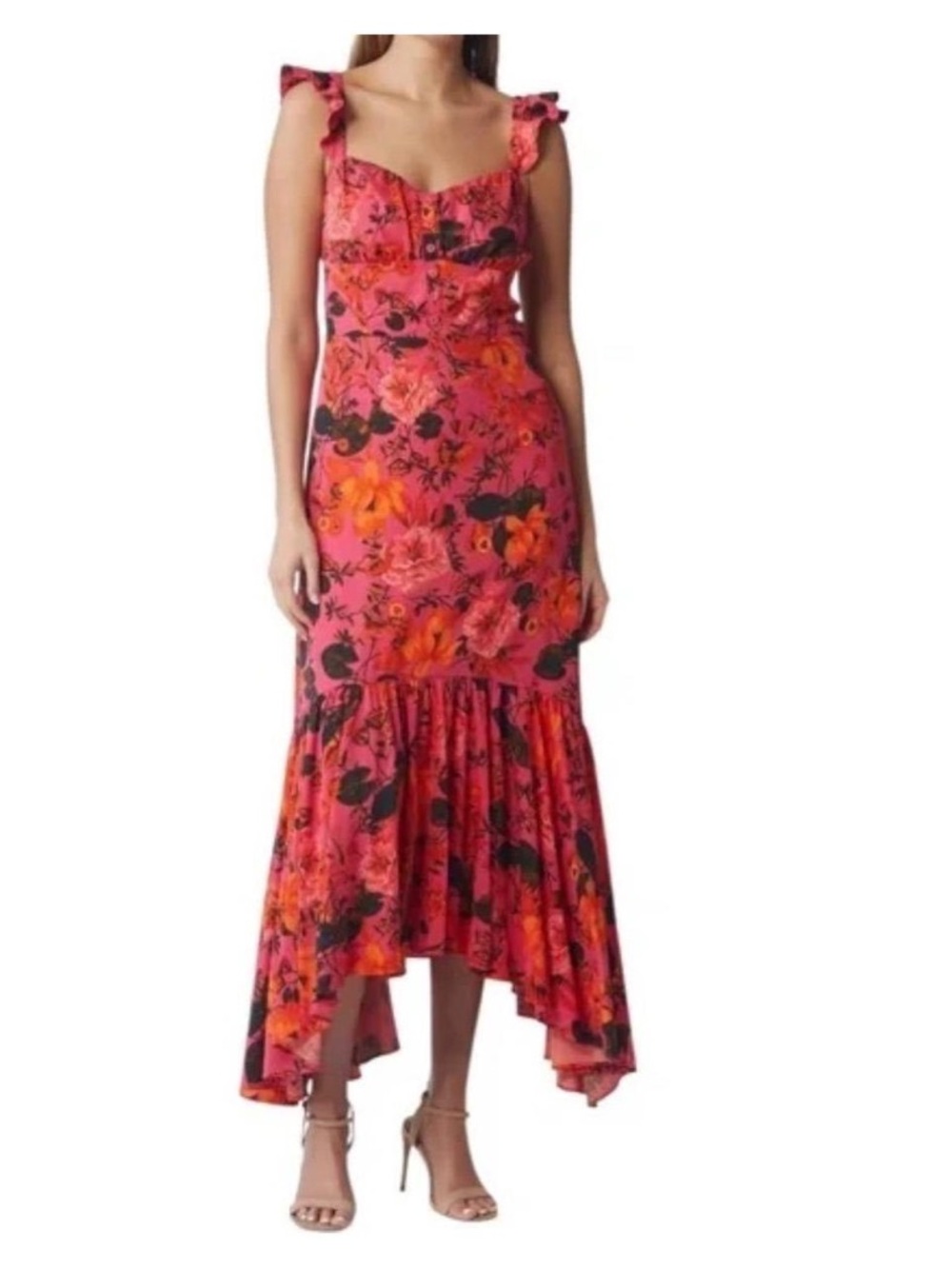 Chelsea 28 Floral Ruffle High-Low Midi Dress in Bright Pink